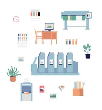 Equipment of printing services set of flat vector illustrations isolated. イラスト素材
