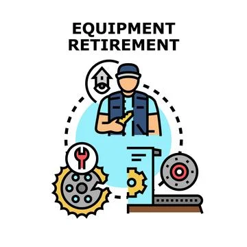 Equipment retirement process managing broken machine parts Stock Illustration
