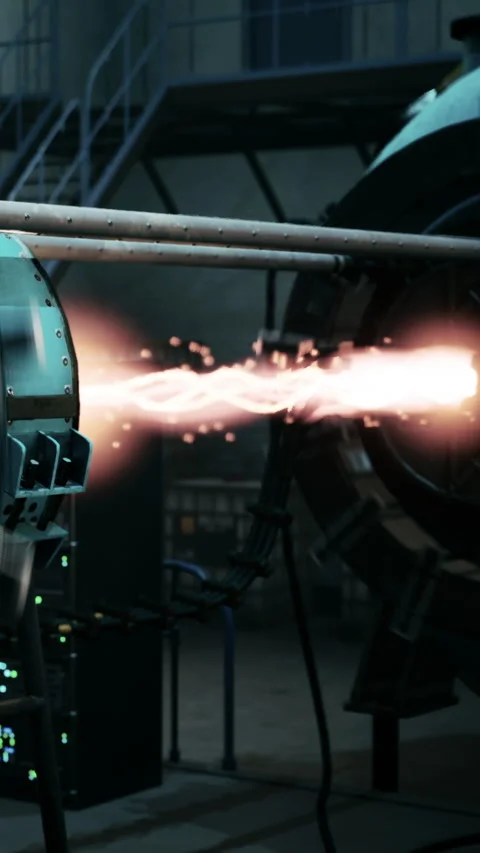 Equipment shows flames in a testing area during a late night experiment 動画素材 338387740