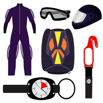 Equipment for skydiving, set. Rig, Altimeter, Hook knife, helmet, jumpsuit, g Illustration
