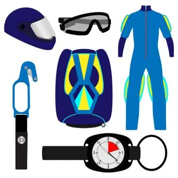 Equipment for skydiving, set. Rig, Altimeter, Hook knife, helmet, jumpsuit, g Stock Illustration