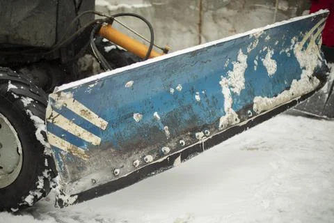 Equipment for snow removal in Russia. Scraper on transport. Utility details. Stock Photos