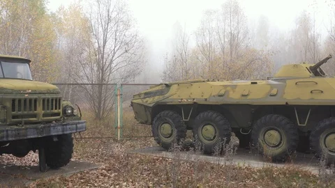 Equipment that took part in the liquidation of the fire at the Chernobyl Stock Footage 128349610