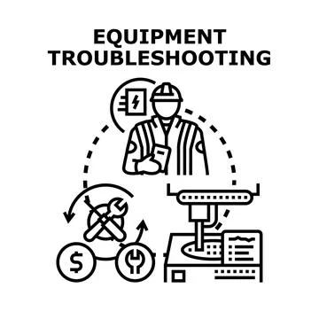 Equipment troubleshooting process with engineer and tools Stockillustratie
