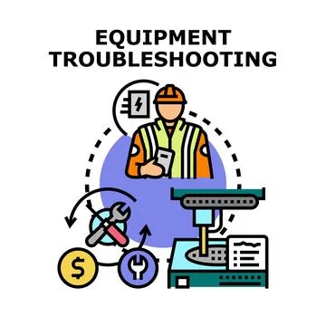 Equipment troubleshooting process with engineer and tools Stock Illustration