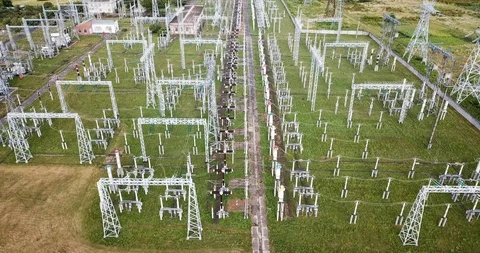 The equipment used to raise or lower voltage, high voltage power station. Stock Footage 112145084