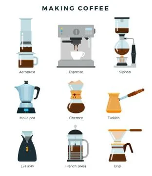 Equipment for various ways to brew coffee, detailed flat icon set. Different Stock Illustration