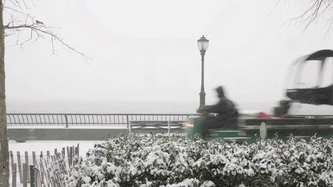 Equipment Vehicle Drives on Hudson River Boardwalk in Winter 스톡 동영상 71261753