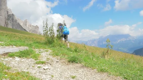 Equipped hiker walking on a path Video stock 177479883