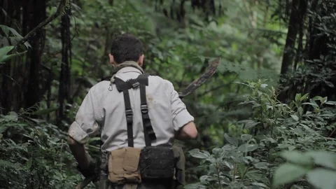 Equipped man walking in the forest Video stock 89778377