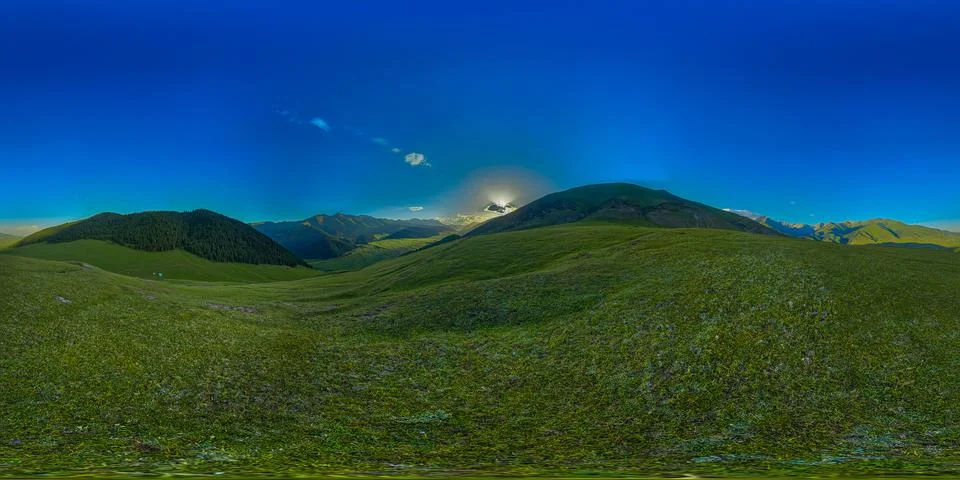 Equirectangular 360 Degree Panorama of Mountain Landscape with Blue Tents at Fotos de archivo
