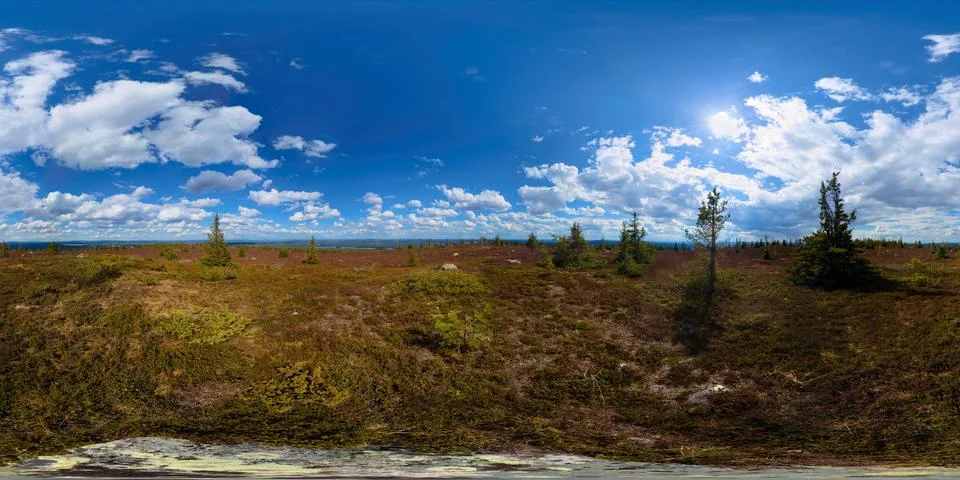 Equirectangular 360 degree panorama of northern Swedish mountain Storsandbe.. Foto stock