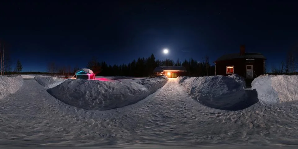 Equirectangular 360 degree panorama of small farm in winter in Lapland Stock Photos