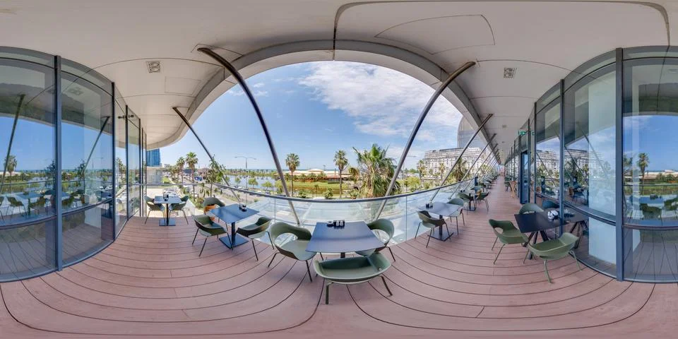 Equirectangular 360 view of an empty, contemporary outdoor dining terrace Foto stock