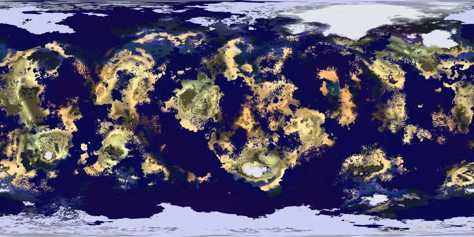 This is a equirectangular map of a 3d computer generated planet that looks li 库存插图