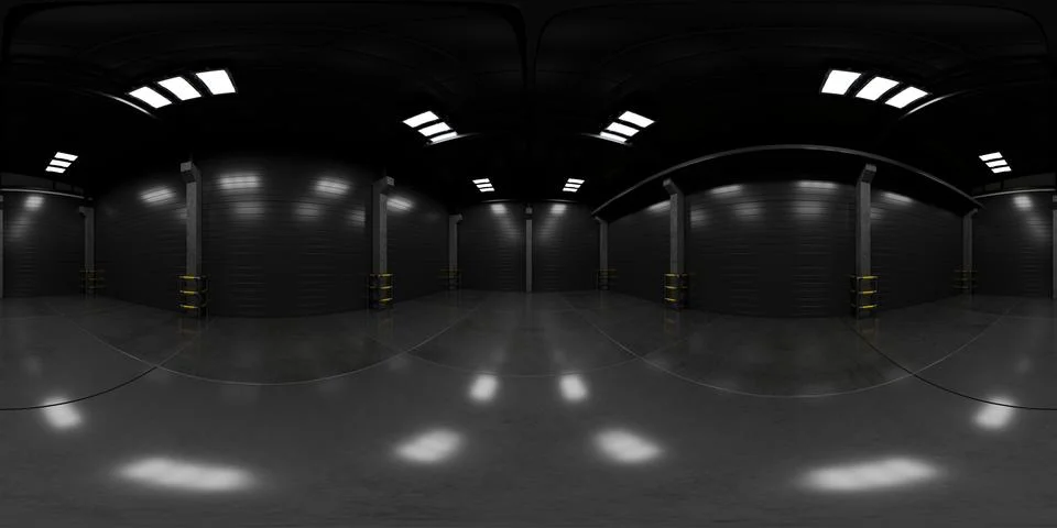 Equirectangular panorama of a dark warehouse for your project. A virtual 库存插图