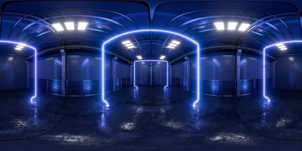 Equirectangular panorama of a warehouse with blue neon lighting for your pr.. 库存插图