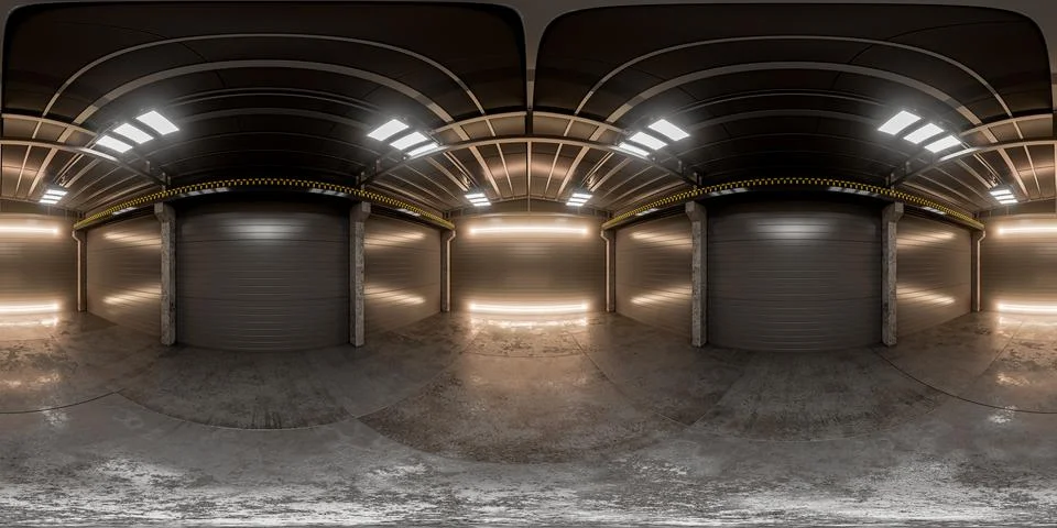 Equirectangular panorama of a warehouse with neon lighting. Map of a 库存插图