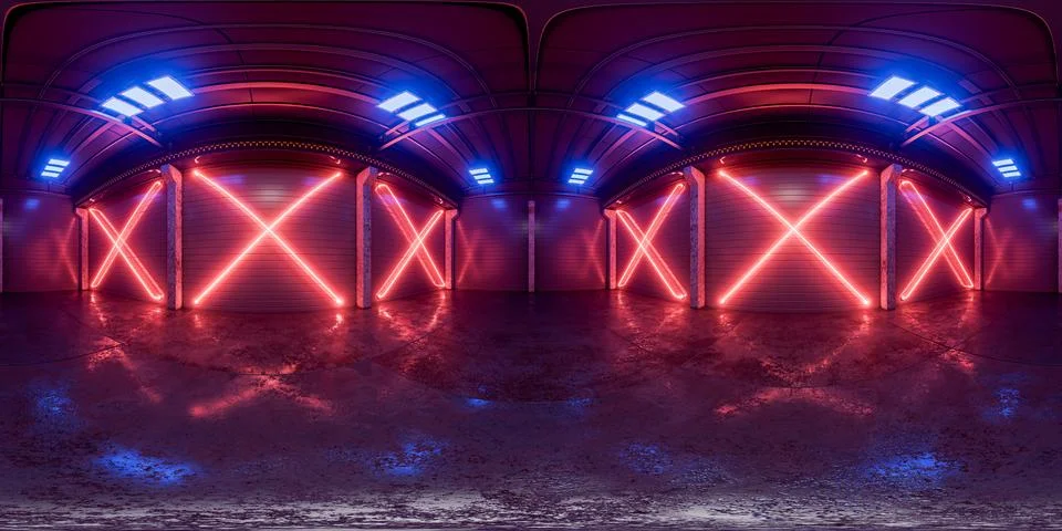 Equirectangular panorama of a warehouse with red neon lighting for your pro.. Ilustración de archivo