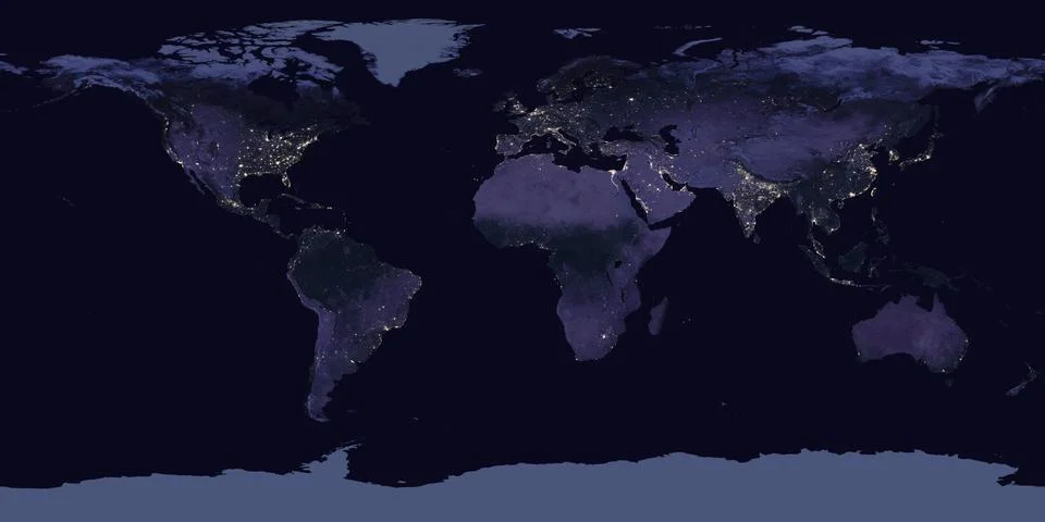 Equirectangular projection map of the night side of the Earth with city light 库存插图