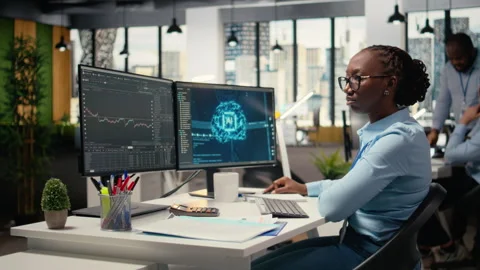Equity analyst uses AI for earnings research to assess stock market value Stock Footage 315142684