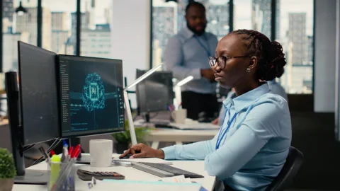 Equity analyst uses AI for earnings research to assess stock market value Stock Footage 315142727