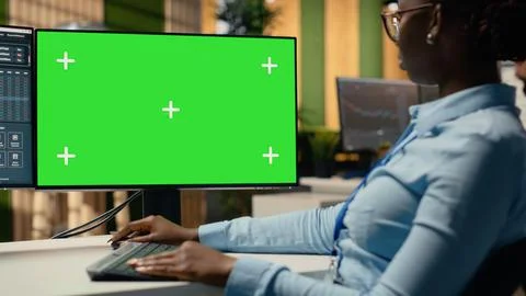 Equity analyst using isolated screen PC to reviews quarterly earnings Stock Photos