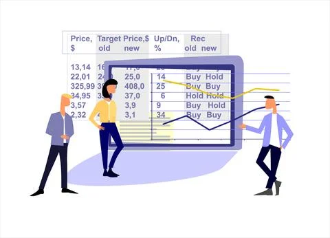 Equity Research concept. Teamwork on stock market. Sales managers, analysts.. 스톡 일러스트