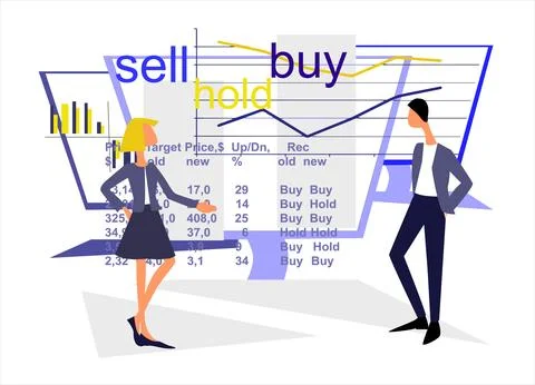Equity Research concept. Teamwork on stock market. Sales managers, analysts.. Stock Illustration