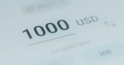 The equivalent of 1000 USD in BTC shown in cryptocurrency conversion interface Stock Footage 314879833