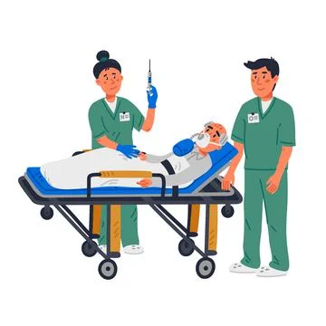 ER help, emergency workers helping an old patient on a stretcher. Flat style Stock Illustration