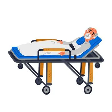 ER help, an old patient lying on a stretcher in emergency room. Flat style Stock Illustration