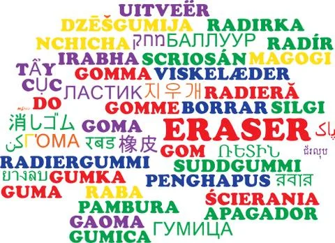 Eraser multilanguage wordcloud background concept Stock Illustration