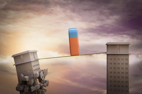 Eraser on a rope with one skyscraper ready to collapse. Back to school crash Stock Illustration