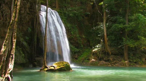 Erawan Lovely Peaceful Waterfall Kanchanaburi Thailand Falling Water Paradise  Stock Footage