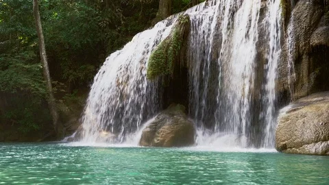 Erawan water fall (Second floor), tropical rainforest at Srinakarin Dam Stock Footage 108048127