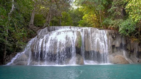 Erawan water fall (Second floor), tropical rainforest at Srinakarin Dam Stock Footage 119539421