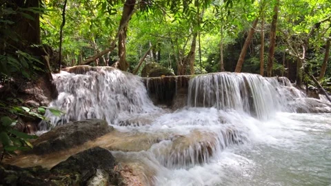 Erawan Waterfall in Deep forest at Kanchanaburi, Thailand Stock Footage 163783387