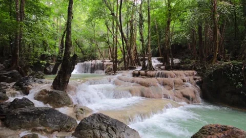 Erawan Waterfall in Deep forest at Kanchanaburi, Thailand Stock Footage 163945142