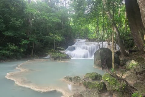 Erawan Waterfall, Erawan National Park in Kanchanaburi, Thailand Stock Photos