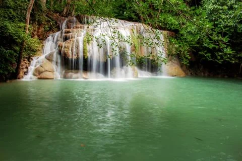 Erawan waterfall in the spring. Stock Photos