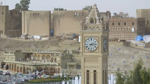 Erbil Citadel and Bazaar clock tower, Iraqi Kurdistan Stock Footage 300111868