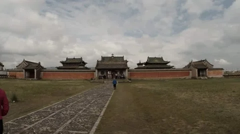 Erdene Zuu Buddhist monastery the overall plan and tourists are on track Stock Footage 54649005
