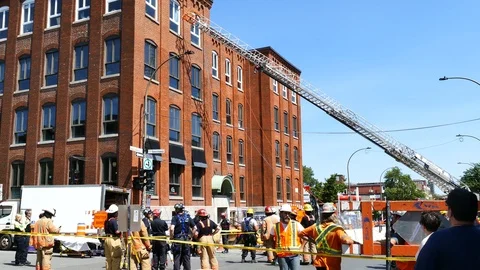 Erected ladder, construction site and technical rescue team Stock Footage 115938246