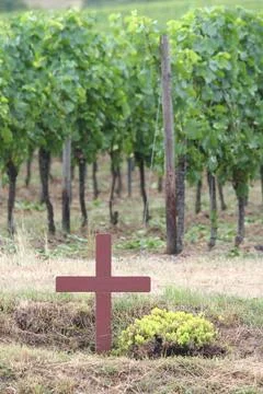 Erected Simple brown wooden cross at the roadside Stock Photos