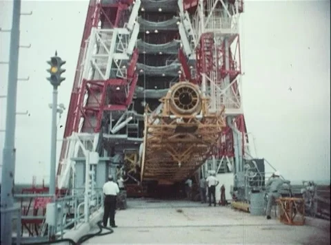 Erection and assembly of Big Joe Atlas missile on launch pad facility Stock Footage 262445076