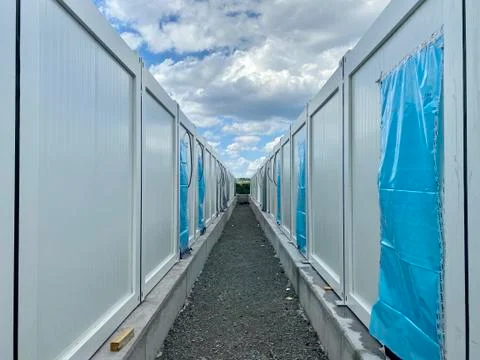 Erection of new mobile containers on a construction site of the Stuttgart 21 Stock Photos