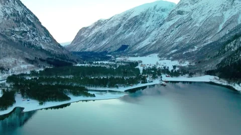 Eresfjord or Eikesdalen Valley and Lake in Winter, Norway,  Scenic Drone Footage Stock Footage 315503091