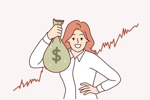 Erfolgreiche Händlerin mit einer Tasche voller Geld, das sie mit Forex-Inv.. Stock Photos