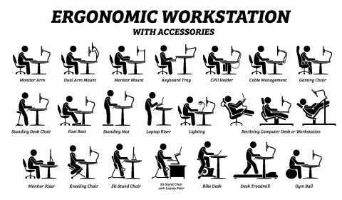 Ergonomic computer desk, workplace, and workstation. Stick figure pictogram i Stock Illustration